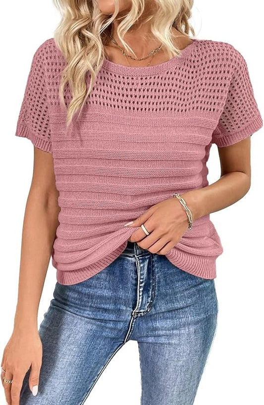 Women's Eyelet Hollow-Out Knit Short Sleeve Top 100% Cotton