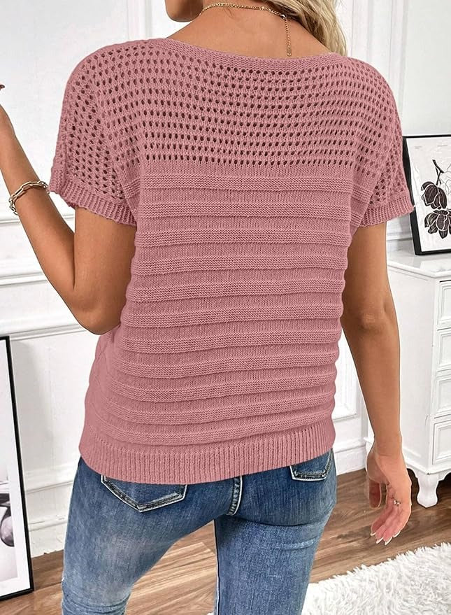 Women's Eyelet Hollow-Out Knit Short Sleeve Top 100% Cotton