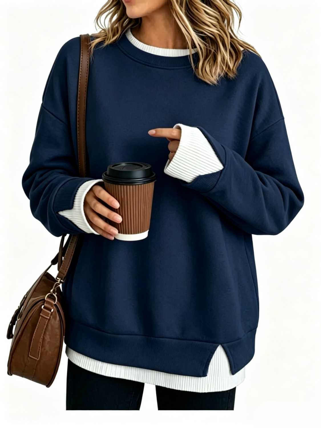 Women's Fake Two Piece Layered Crewneck Sweatshirt