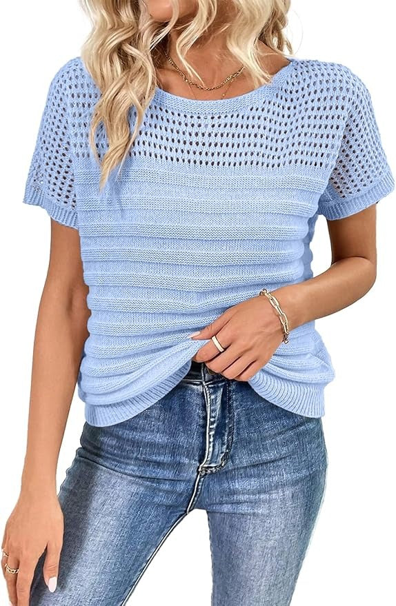 Women's Eyelet Hollow-Out Knit Short Sleeve Top 100% Cotton
