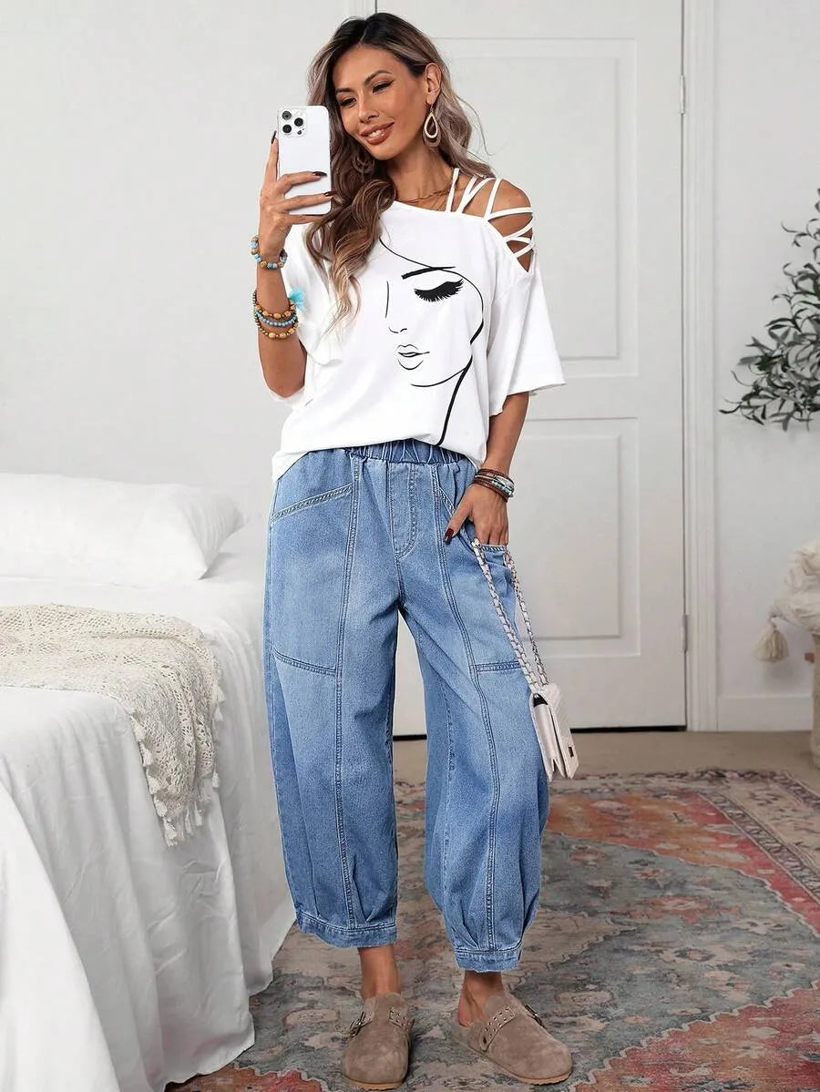 Women Elastic Waist Stitched Patch Denim Jogger Pants