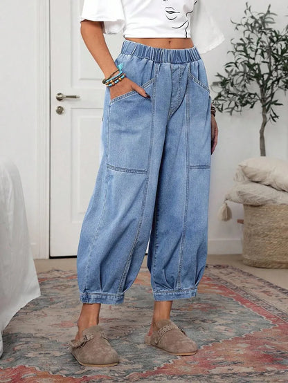 Women Elastic Waist Stitched Patch Denim Jogger Pants