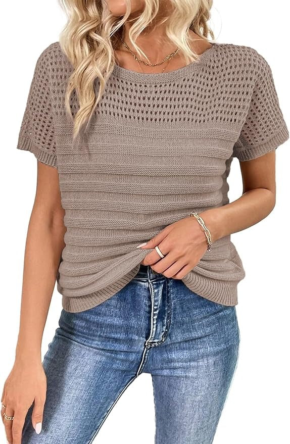 Women's Eyelet Hollow-Out Knit Short Sleeve Top 100% Cotton