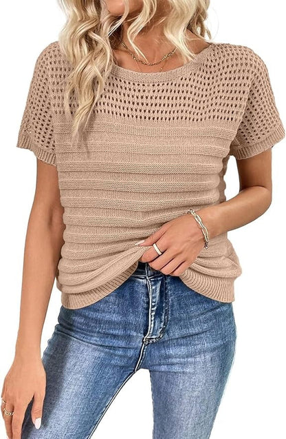 Women's Eyelet Hollow-Out Knit Short Sleeve Top 100% Cotton