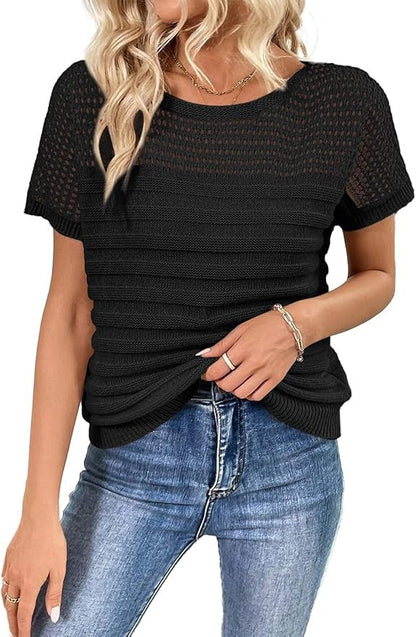 Women's Eyelet Hollow-Out Knit Short Sleeve Top 100% Cotton