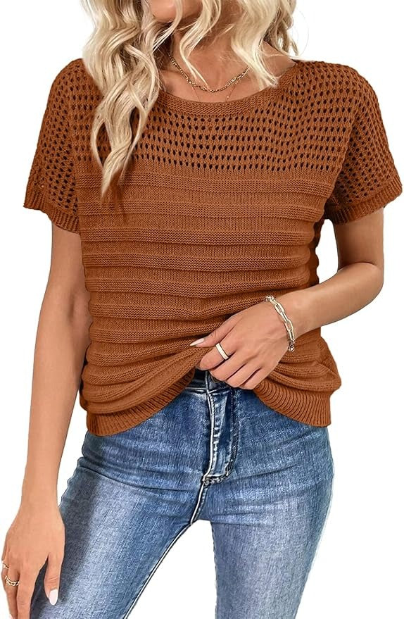 Women's Eyelet Hollow-Out Knit Short Sleeve Top 100% Cotton