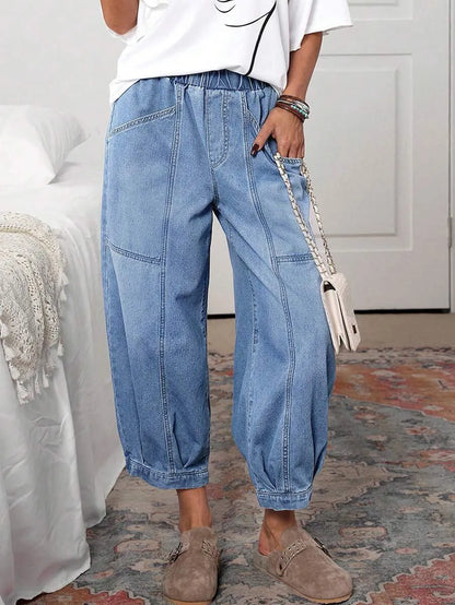 Women Elastic Waist Stitched Patch Denim Jogger Pants