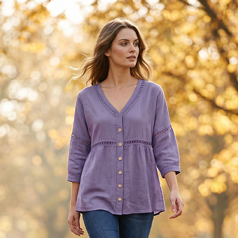 FLASH SALE: 60% OFF — Women's V-Neck Lace Trim Button-Down Blouse