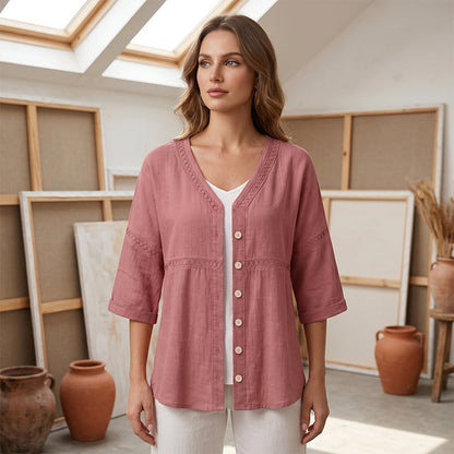 FLASH SALE: 60% OFF — Women's V-Neck Lace Trim Button-Down Blouse