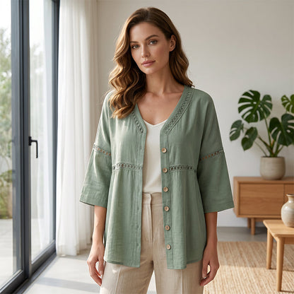 FLASH SALE: 60% OFF — Women's V-Neck Lace Trim Button-Down Blouse