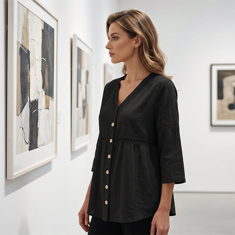 FLASH SALE: 60% OFF — Women's V-Neck Lace Trim Button-Down Blouse