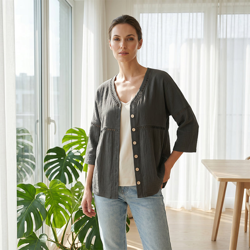 FLASH SALE: 60% OFF — Women's V-Neck Lace Trim Button-Down Blouse