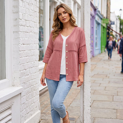FLASH SALE: 60% OFF — Women's V-Neck Lace Trim Button-Down Blouse