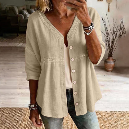 FLASH SALE: 60% OFF — Women's V-Neck Lace Trim Button-Down Blouse