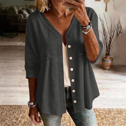 FLASH SALE: 60% OFF — Women's V-Neck Lace Trim Button-Down Blouse