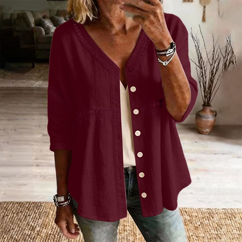 FLASH SALE: 60% OFF — Women's V-Neck Lace Trim Button-Down Blouse