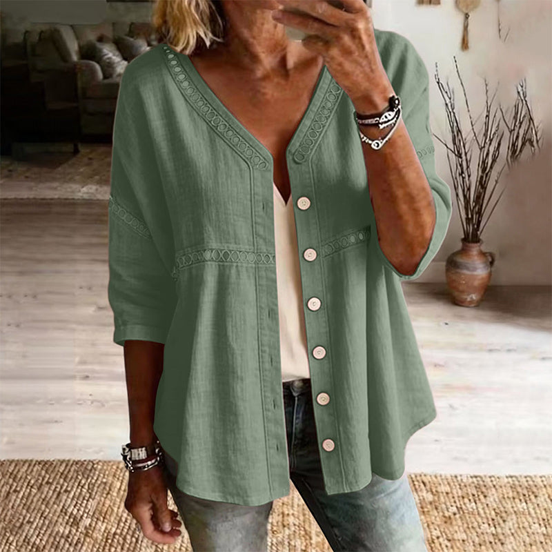 FLASH SALE: 60% OFF — Women's V-Neck Lace Trim Button-Down Blouse