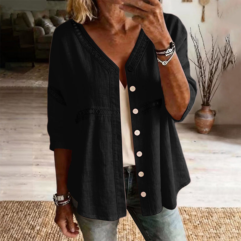 FLASH SALE: 60% OFF — Women's V-Neck Lace Trim Button-Down Blouse