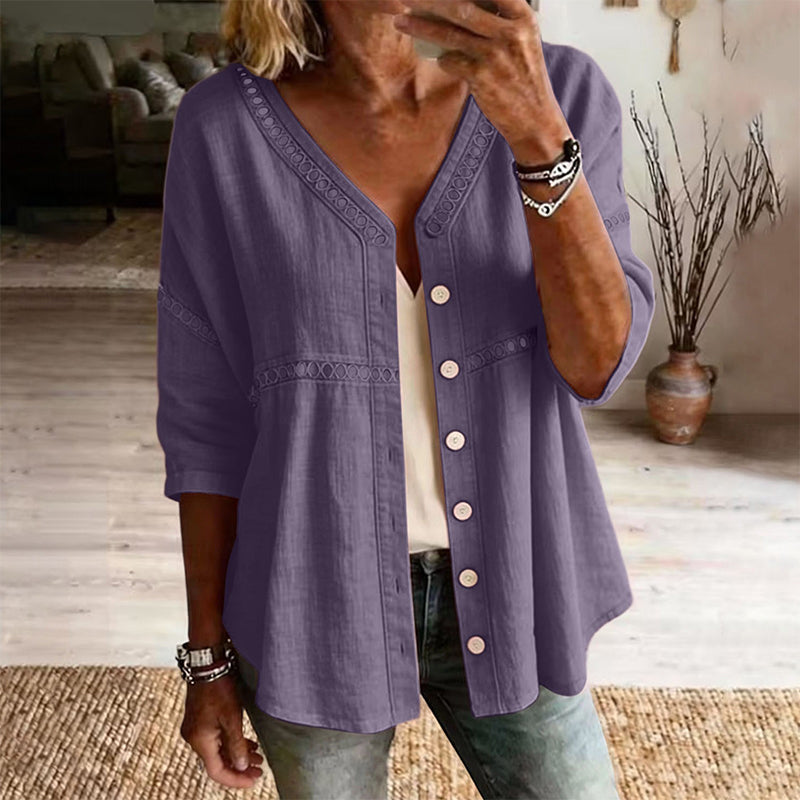 FLASH SALE: 60% OFF — Women's V-Neck Lace Trim Button-Down Blouse