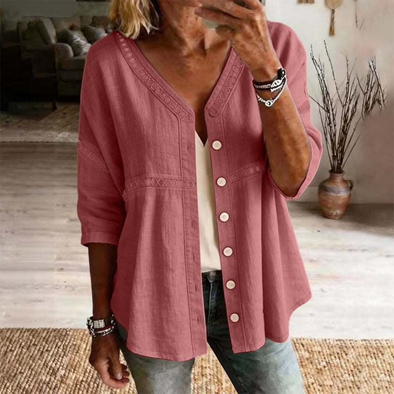 FLASH SALE: 60% OFF — Women's V-Neck Lace Trim Button-Down Blouse
