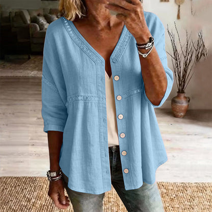 FLASH SALE: 60% OFF — Women's V-Neck Lace Trim Button-Down Blouse