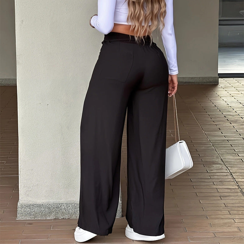 Back view of black straight leg trousers