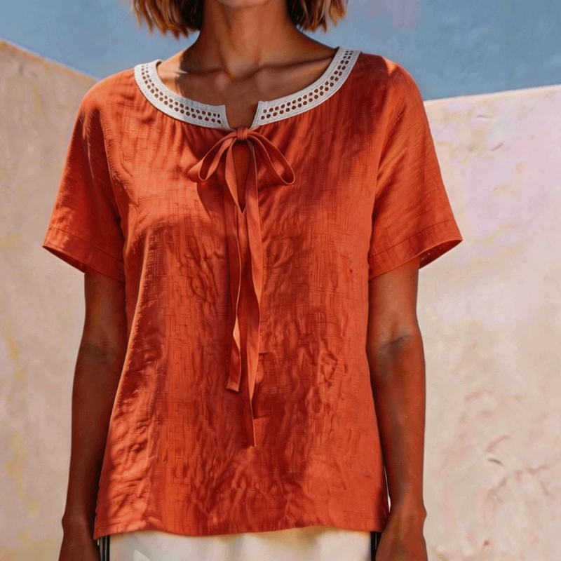 Orange red lace tie-neck blouse