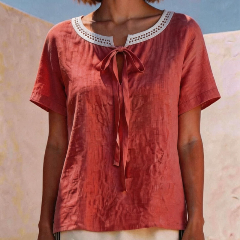 Dark red lace tie-neck blouse