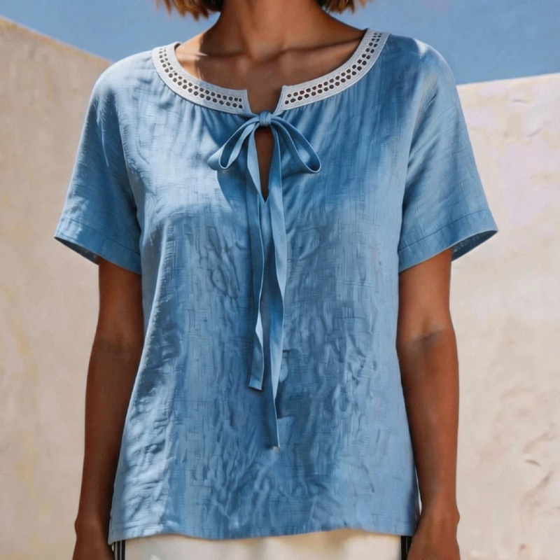 Blue lace tie-neck blouse