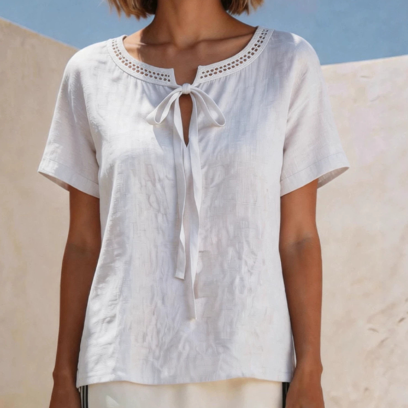 White lace tie-neck blouse