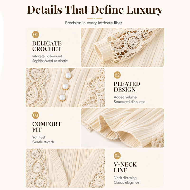 Close-up details of lace, pleating and V-neck design