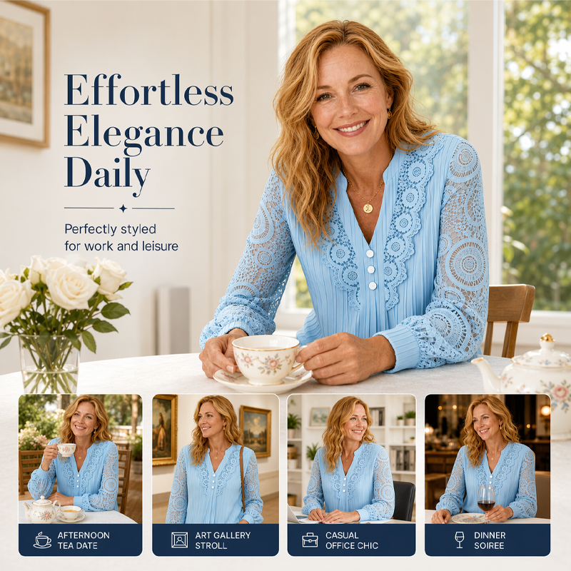 Woman wearing the sky blue lace top in several everyday settings