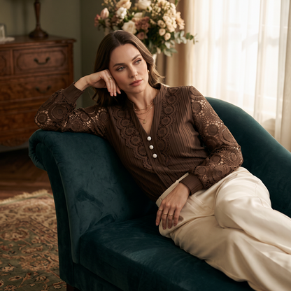 ⌛Limited-Time Offer-Women's Lace Patchwork V-Neck Long Sleeve Top