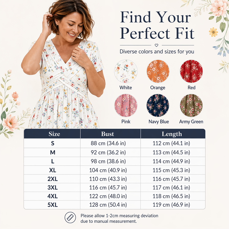 Size chart for floral twist waist dress from S to 5XL