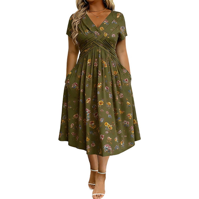 Olive green floral twist waist midi dress