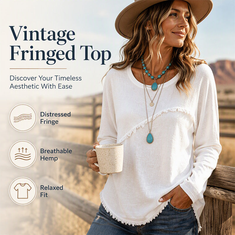 Women Soft Cotton Vintage Fringe Blouse Round Neck Loose Fit Boho Casual Top