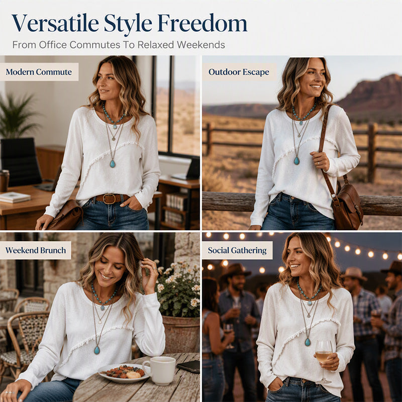 Women Soft Cotton Vintage Fringe Blouse Round Neck Loose Fit Boho Casual Top