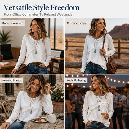 Women Soft Cotton Vintage Fringe Blouse Round Neck Loose Fit Boho Casual Top