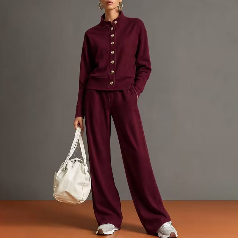 Burgundy cardigan and wide leg pants set