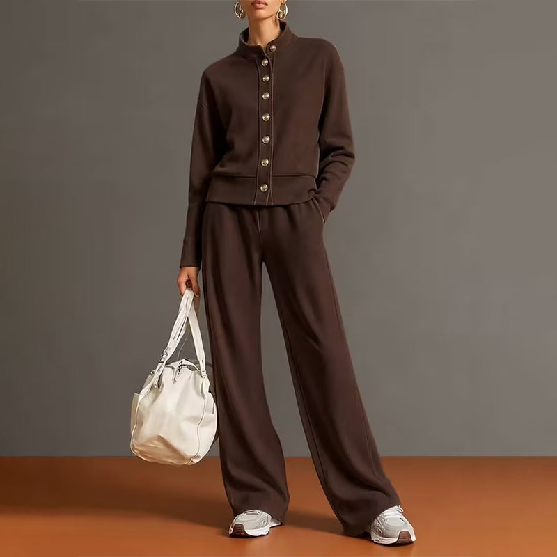 Brown cardigan and wide leg pants set