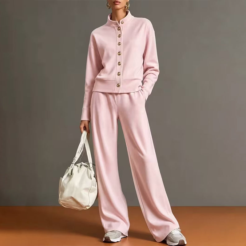 Pink cardigan and wide leg pants set