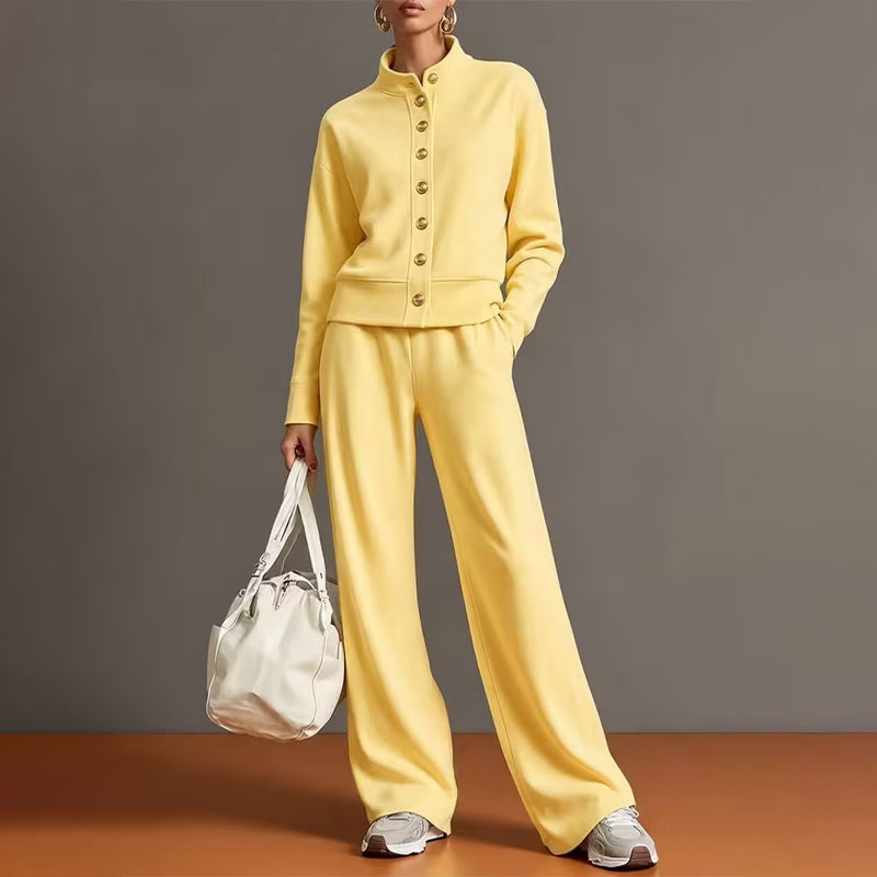 Yellow cardigan and wide leg pants set