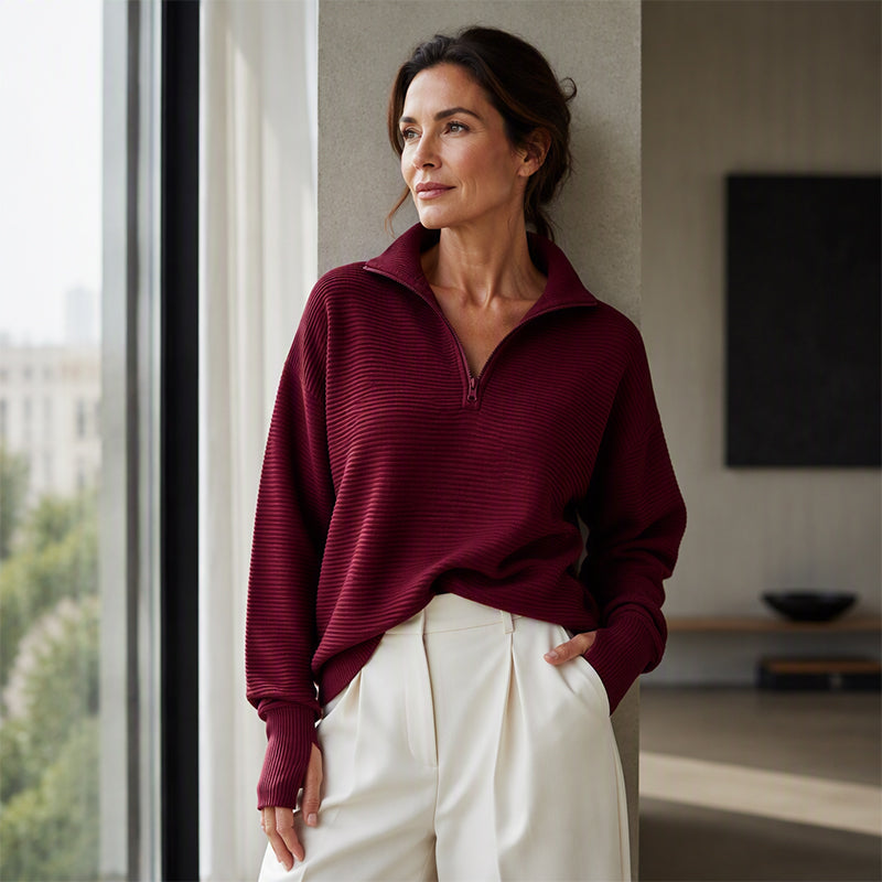 Wine red quarter zip ribbed pullover sweater