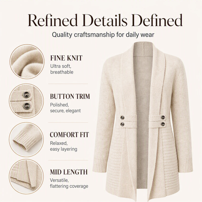 Close detail of knit cardigan fabric button trim cuffs and hem