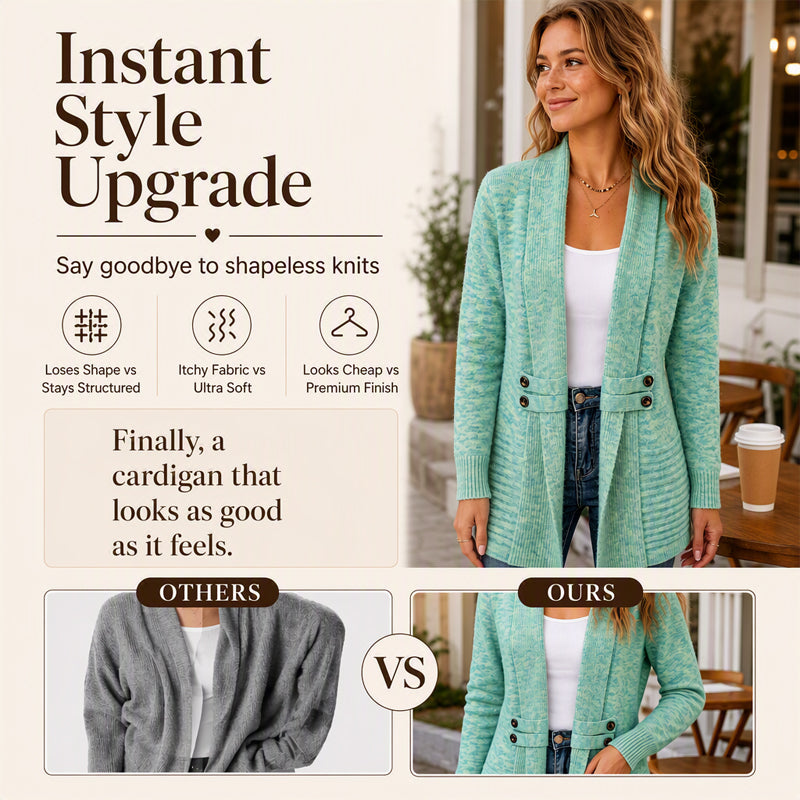 Light green knit cardigan showing structured shape and soft finish