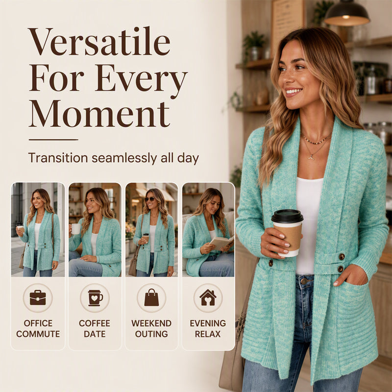 Light green cardigan styled for work coffee weekend and home