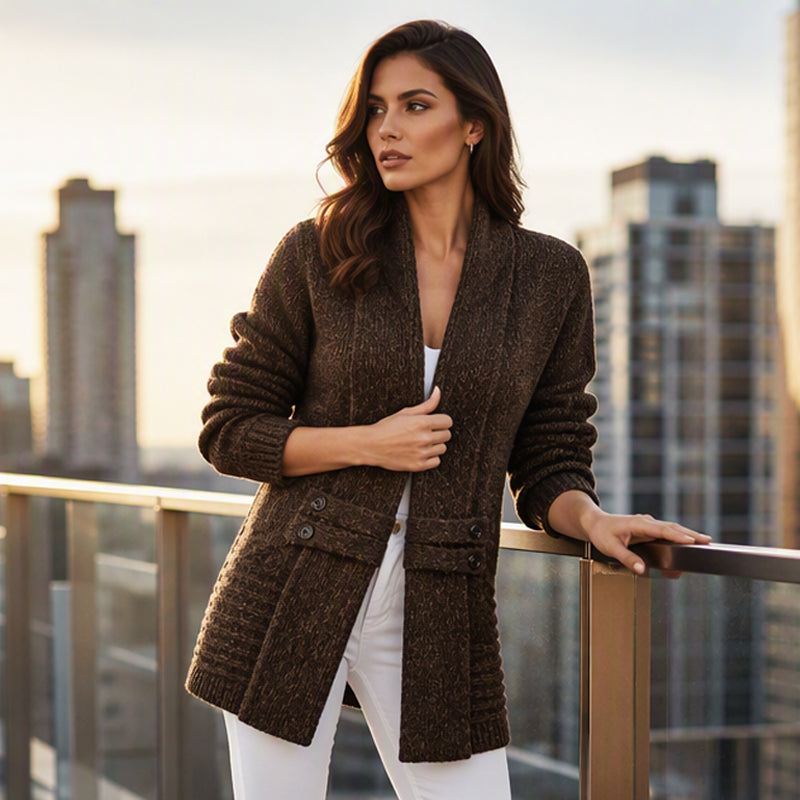 Coffee brown knit cardigan styled over white outfit