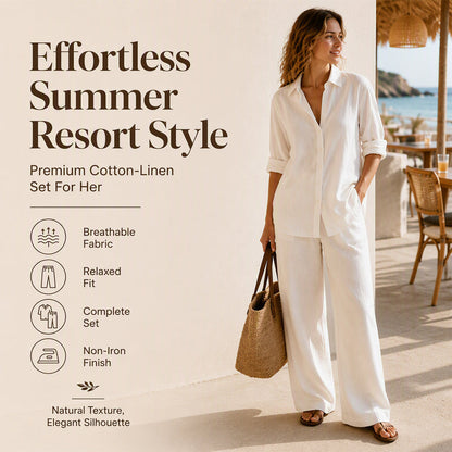 ✨Women's Casual Cotton Linen Shirt & Wide-Leg Pants Set