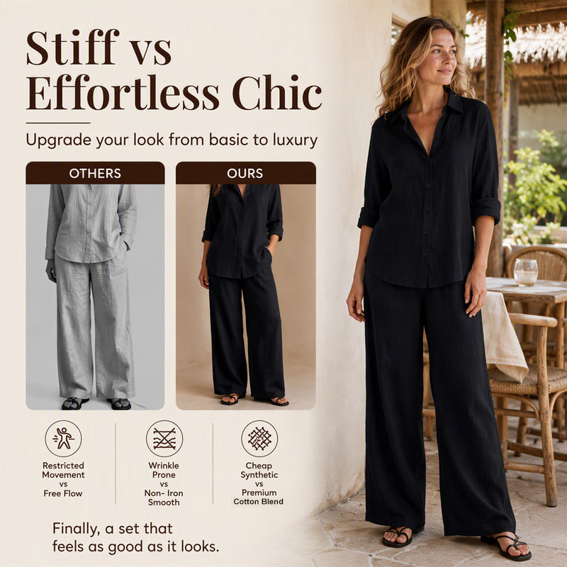 ✨Women's Casual Cotton Linen Shirt & Wide-Leg Pants Set