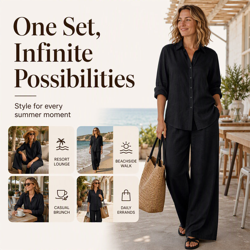 ✨Women's Casual Cotton Linen Shirt & Wide-Leg Pants Set